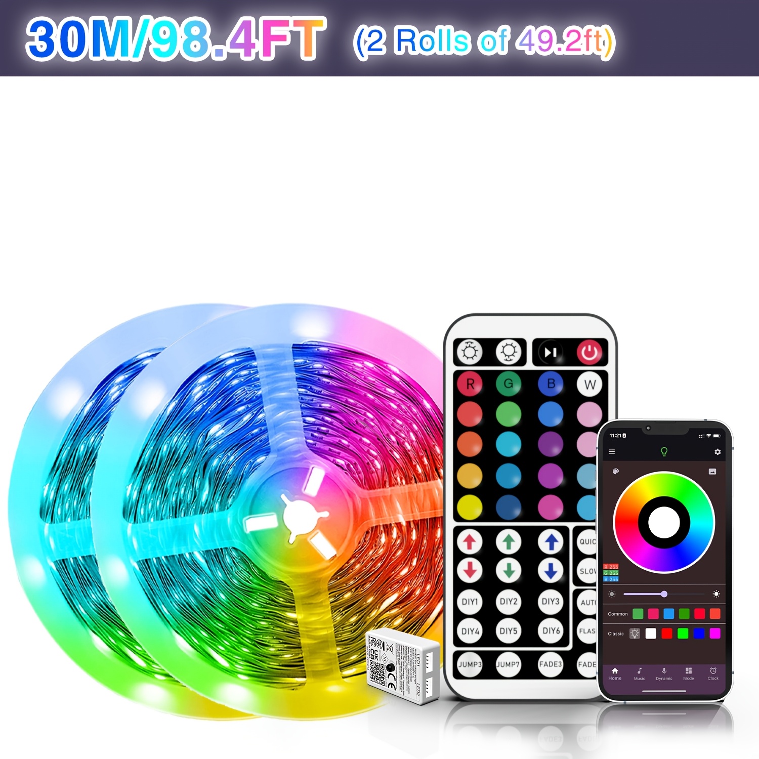 TEMU 16ft-100ft Led Strip Lights For Home Decor, Color Changing Light With 44-key Remote And Smart App Control, Music Sync, Timing, Usb-powered, Led