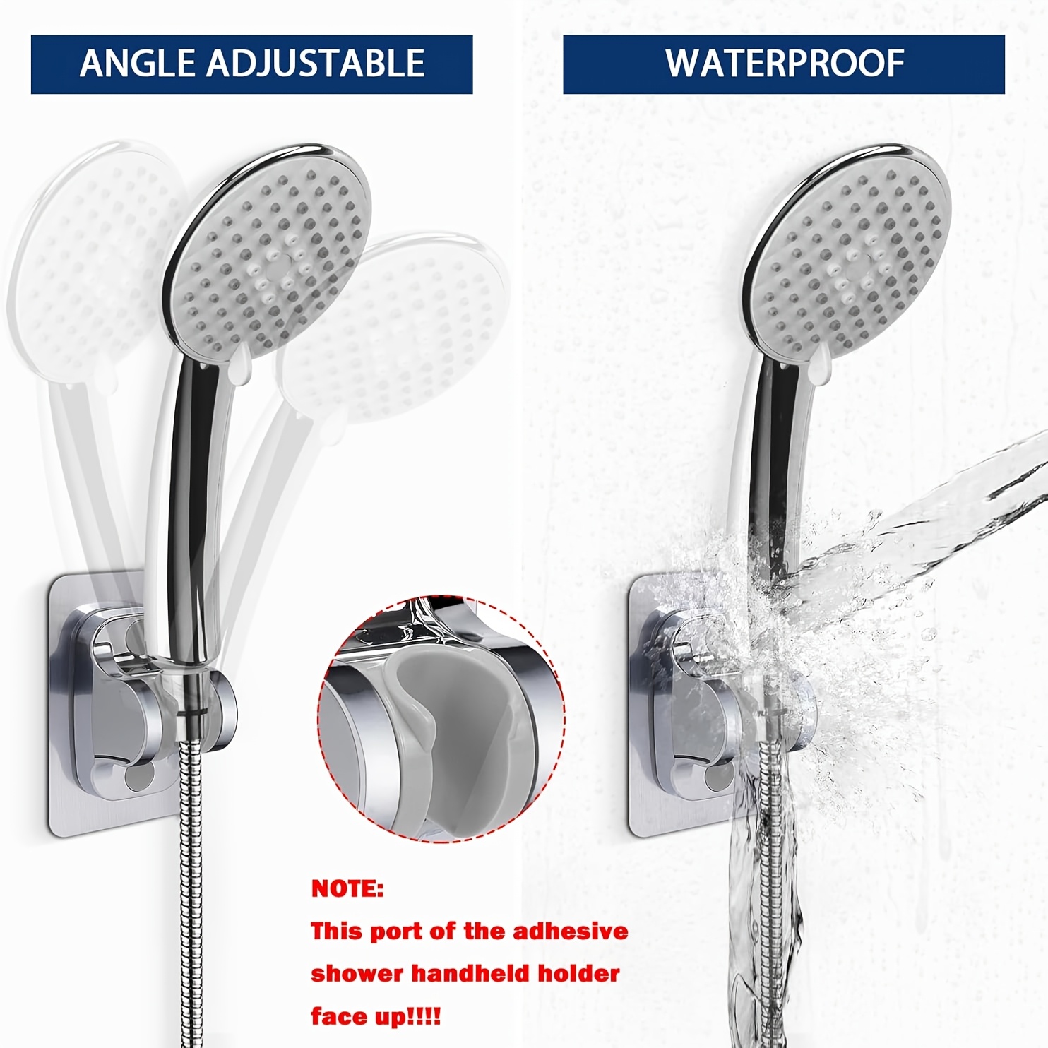 Image of 2pcs Strong Adjustable Shower Head Holder Adhesive- Wall Mounted Heavy Duty Shower Head Shelf Bracket, Plastic Bracket Stick On Wall, Abs- Shower Holder, Convenient For Women And Child
