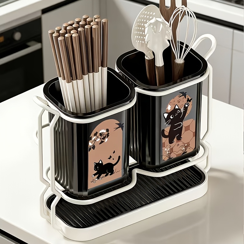 TEMU 1 Set Random Color Carbon Steel Kitchen Utensil And Knife Storage Rack, With 2 Utensil Buckets, A -one Countertop And Wall-mounted Storage Rack,