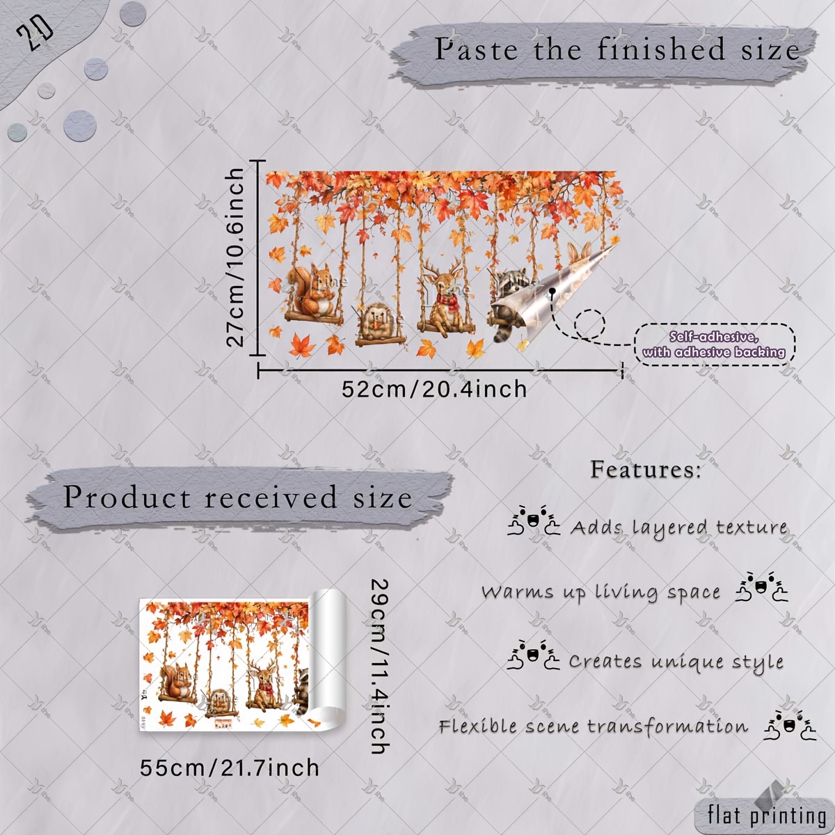 TEMU 2d Flat, 1pc 2d Flat Printed Forest Autumn 29*55cm Window Sticker With Swing Small Animals & , Creative Diy Self-adhesive Removable Double-sided