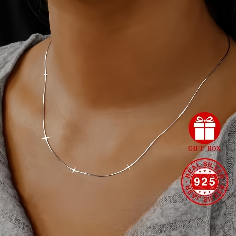 TEMU 925 Sterling Silver Hypoallergenic Snake Bone Chain Necklace Clavicle Chain Gift Women's With Card, Weight 2.2g