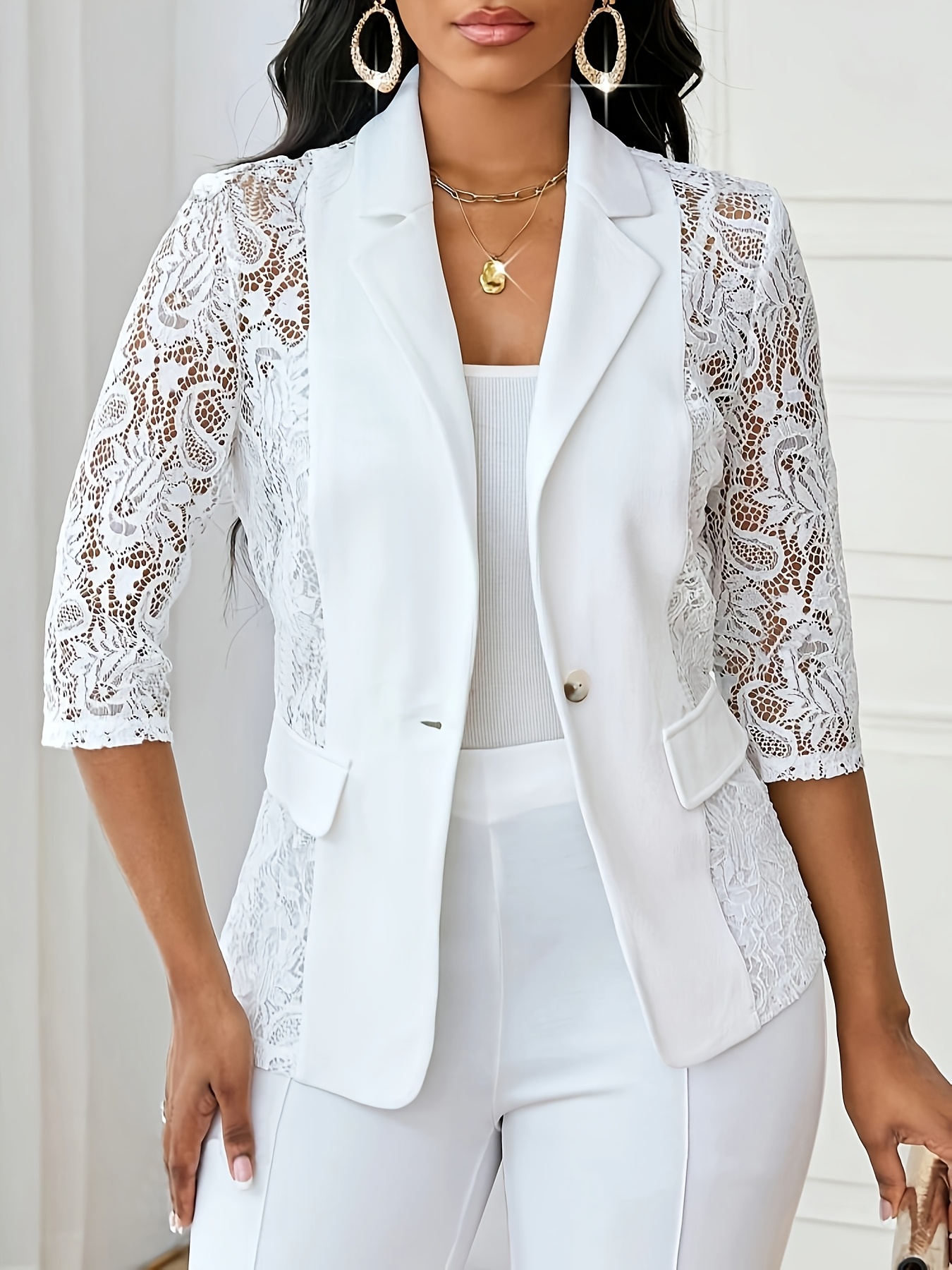 Women'S Elegant Maroon Floral Lace Blazer - Three Quarter Length Sleeve, Button-Up with Decorative Pockets, Perfect for Spring/Fall, Spring Fashion Jacket|Floral Pattern Jacket|Single Button Placke