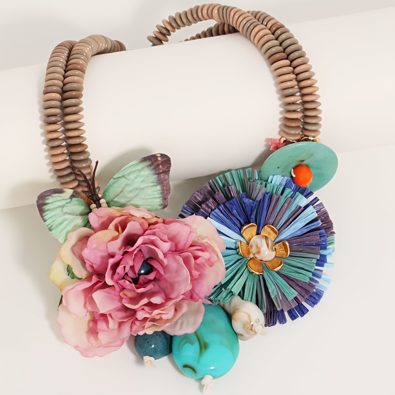 TEMU 1pc Vintage Elegant And Stylish Women'-layer Beaded Necklace With Artificial Flowers, Suitable For Weddings And Special Occasions, Mother's Day
