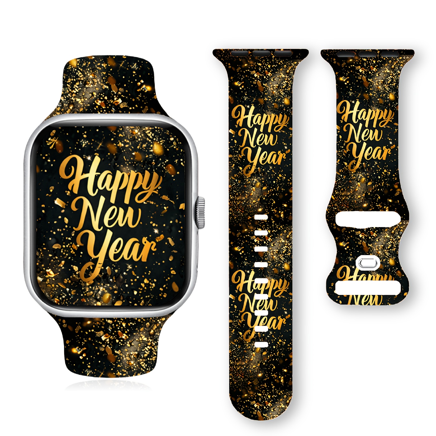 

Golden Fireworks "happy New Year" Silicone Watch Band For Apple Iwatch | Soft, Comfortable, Fashionable | Fits -7 & Se | Sizes 38-49cm | Ideal Couples' Gift