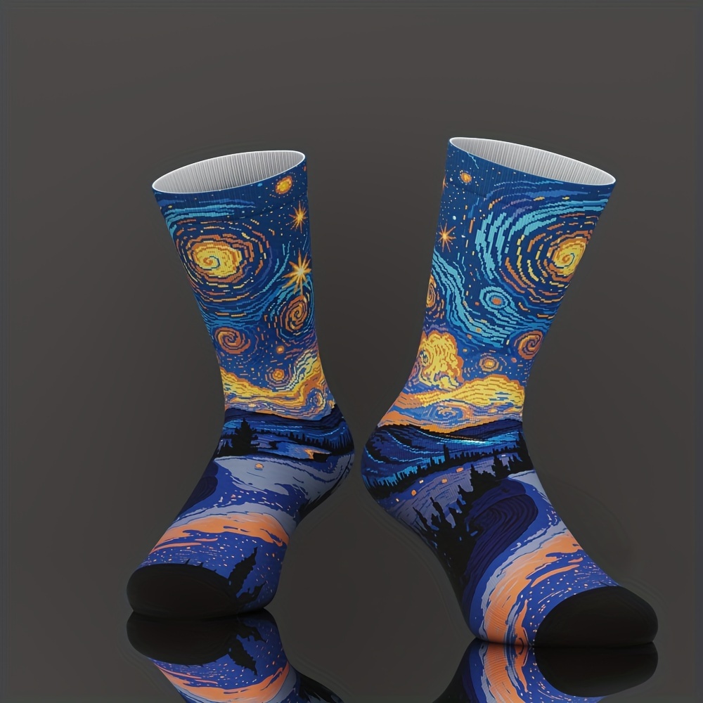 

1 Pair Artistic Starry Night 3d Print Crew Socks - Vibrant Van Gogh-, Comfortable Bamboo , Unique And Stylish For Casual Attire, Cute Socks