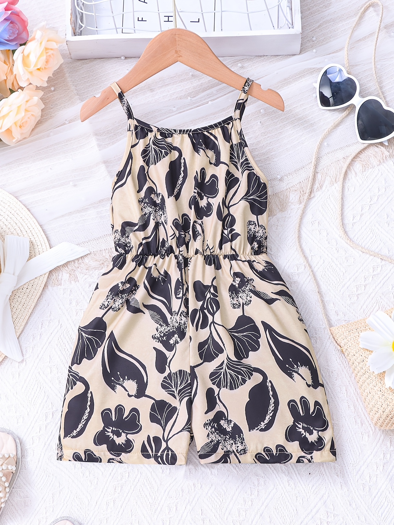 girls summer hawaiian hibiscus flower print jumpsuit a line Temu