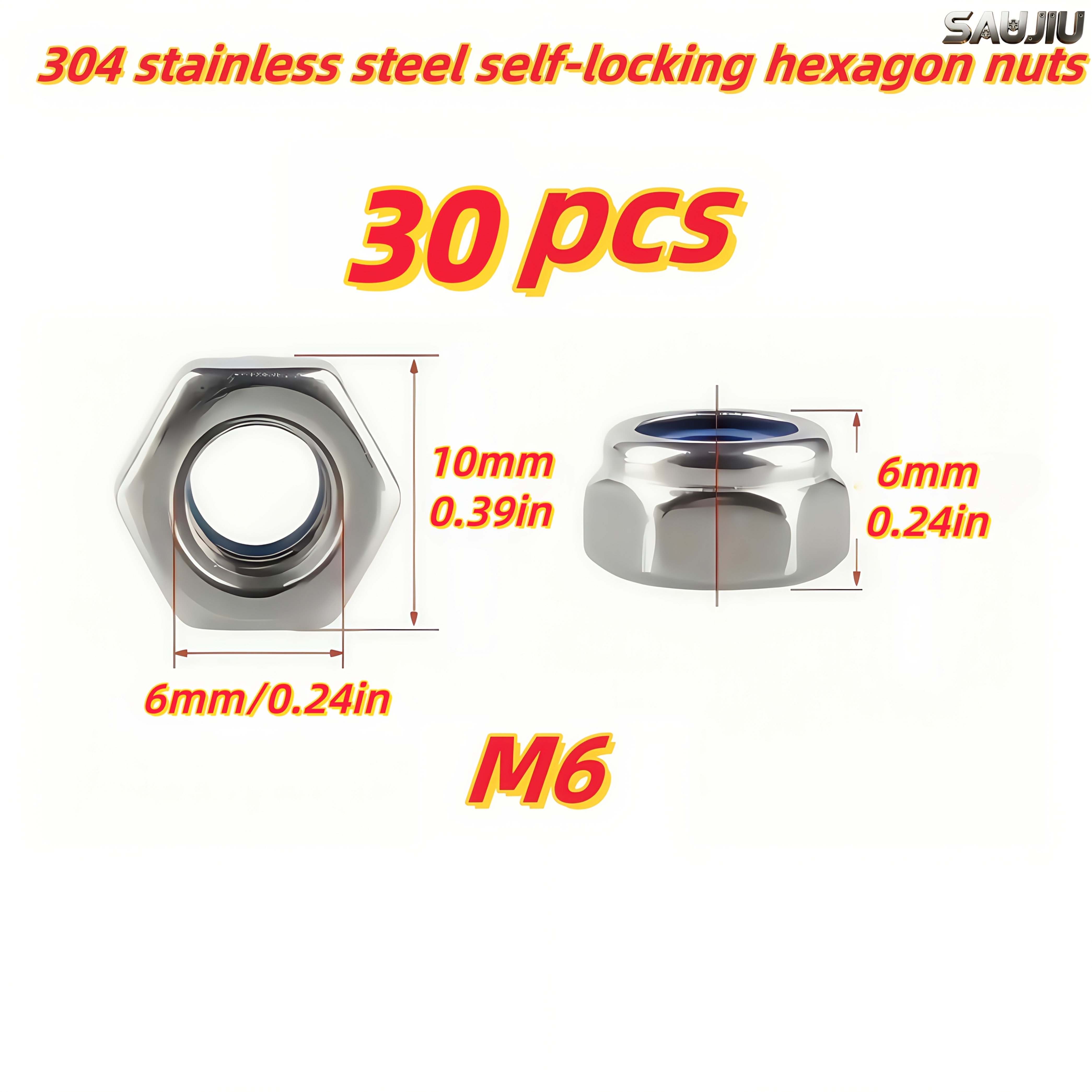 TEMU 30pcs 304 Stainless Steel Nylon Insert Lock Nut M4 M5 M6 Metric Hex Self-locking Nut Anti-loose Fastener Rust Resistant Hardware For Mechanical