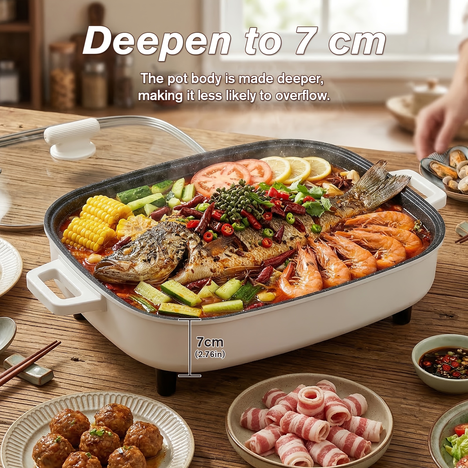 Non-stick Multifunctional Electric Cooking Pot with Aluminum Alloy Inner Pot, Glass Lid And Knob Thermostat. All-in-one for Frying, Grilling, Braising, Stewing And Hot Pot, Serves 2-6 People. Ideal for Home, Parties, Camping And Holiday Gifts.