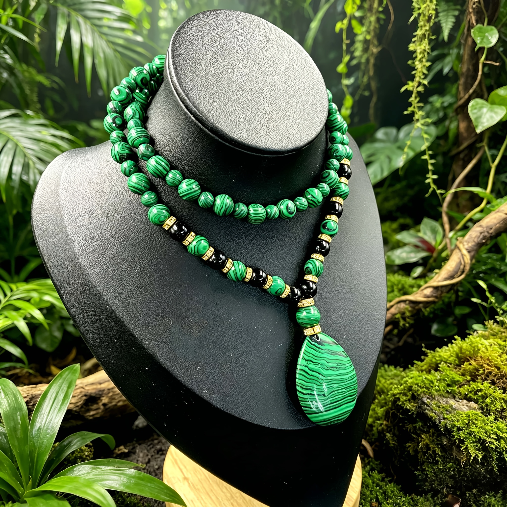 item picture 1pc natural malachite water drop pendant necklace with black agate symbolizing   and protection water drop pendant style meaning wealth and   fashionable retro style pendant necklace natural stone beaded style