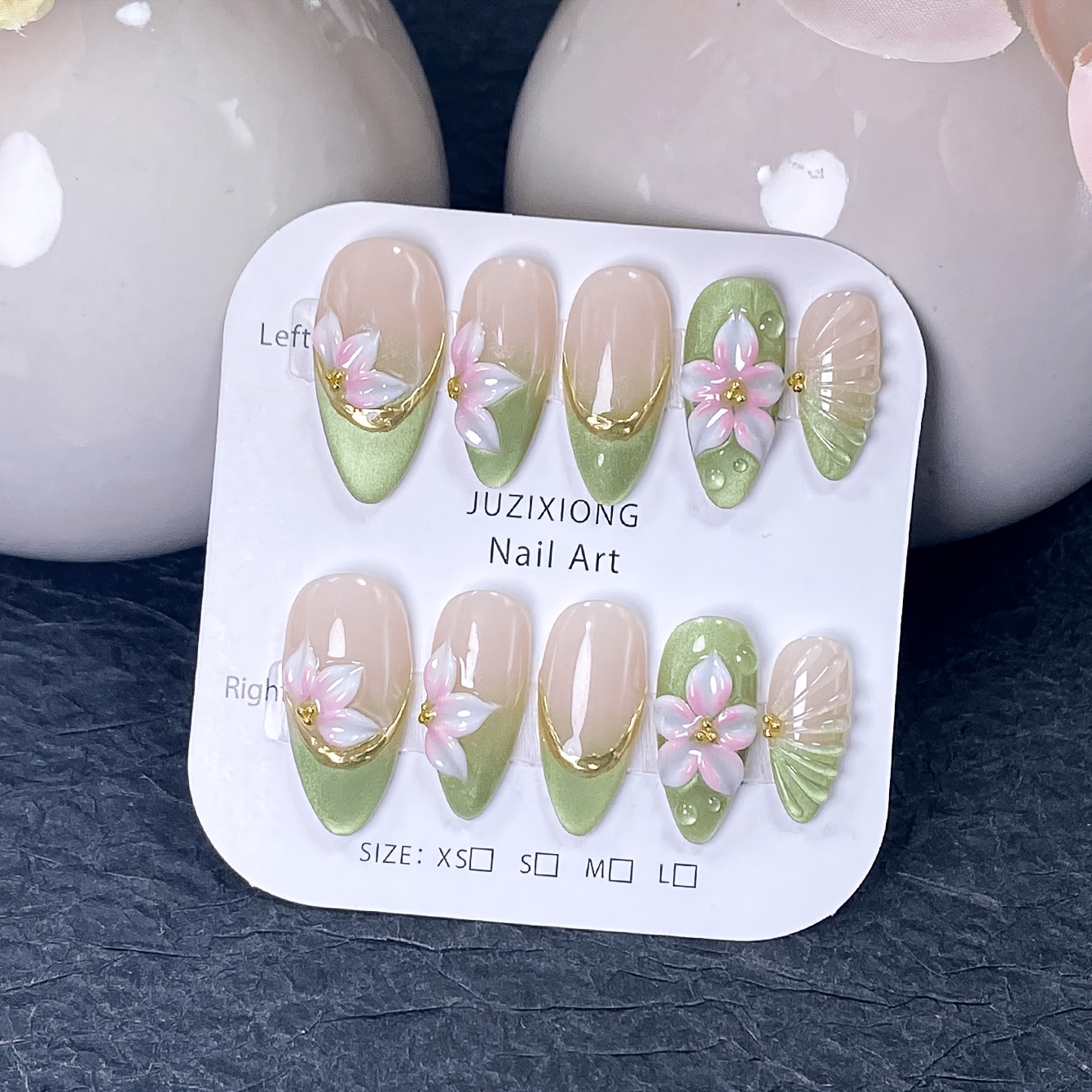 TEMU 10pcs Handmade Press On Nails, Sizes, Reusable False Nail Tips For Women, Nude Gradient Green Cat Eye Nails, 3d Carved Flowers, Metal Lines And