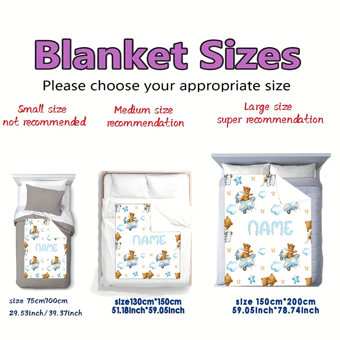 Personalized Custom Name Flannel Blanket, Cute Bear Airplane Series