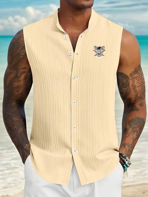 2026 mens sleeveless striped stand collar shirt island vacation casual sleeveless henley top