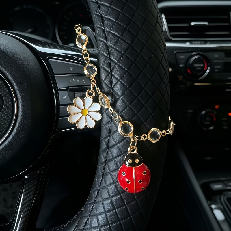 TEMU 1pc -spot Ladybug... Daisy Car Rearview Mirror Hanging Ornament, Light Luxury Rhinestone Car Pendant, Cute In-car Decorative Gift