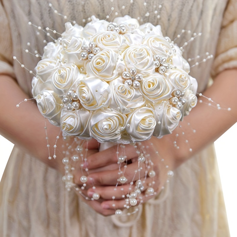 

Elegant Satin & Pearl Bridal Bouquet - Creamy White, Weddings, Birthdays, Valentine's Day & More