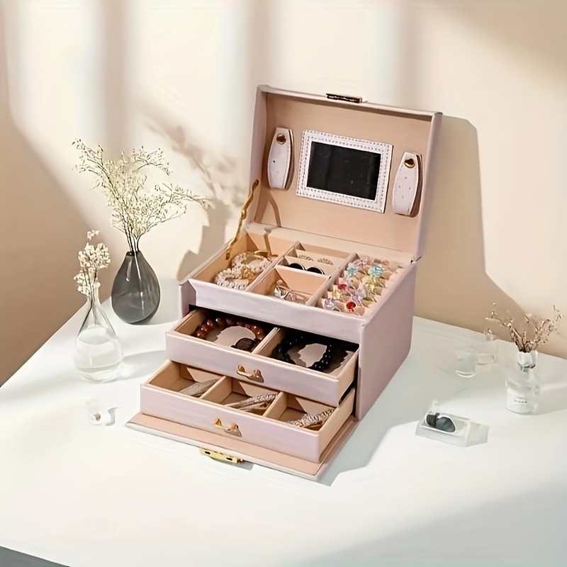 Caja de joyería de cuero vintage con bandeja extraíble, espejo y cerradura - Almacenamiento de 3 capas para collares, pendientes, relojes | Organizador de mesa multipropósito con cajones | Ideal regalo para el Día de la Madre, San Valentín, Navidad, Halloween, Cinco de Mayo | Diseño rectangular sin terminar con cierre de llave | Interior de tela | No necesita electricidad, Cajas de joyería