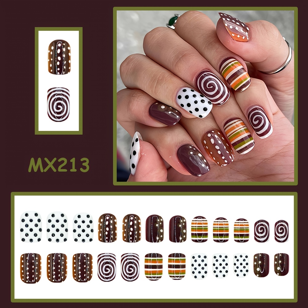 TEMU 24pcs 24pcs Warm Brown Press-on Nails Suitable For Women, Short Square Fake Nails With Deer Print, Polka Dot & Spiral Stripe Glossy, Fall Winter