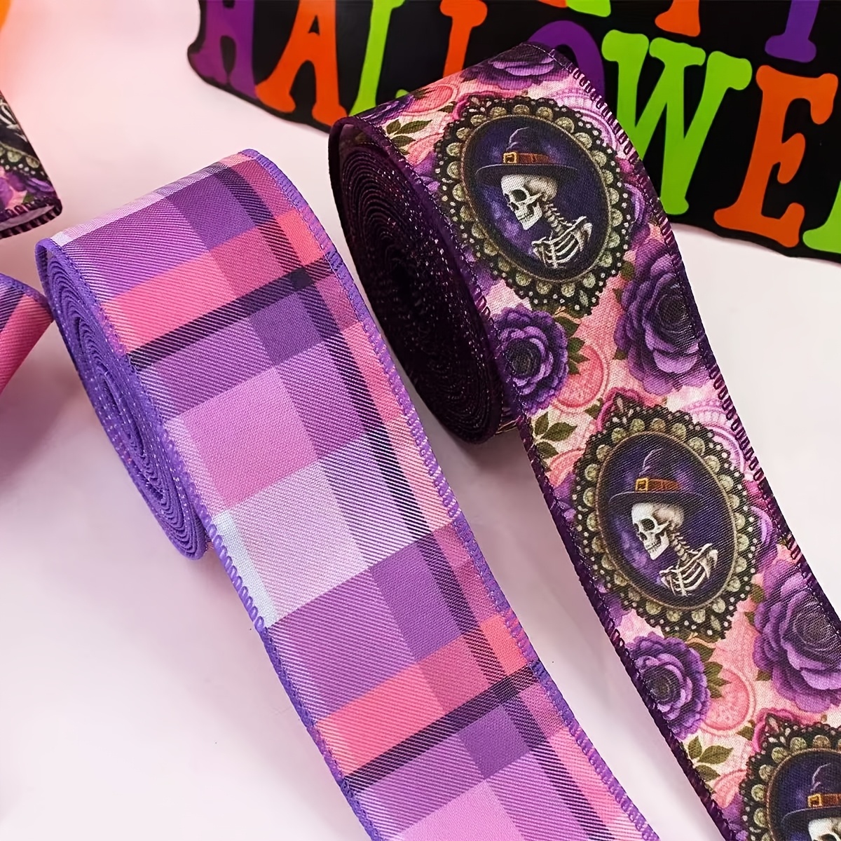 TEMU 2 Rolls Halloween Lace Edge Checkered Fabric Bow Ribbon, Purple Pumpkin Bow Striped Rose Printed Fabric Ribbon, Wreath Bow Making Gift Packaging