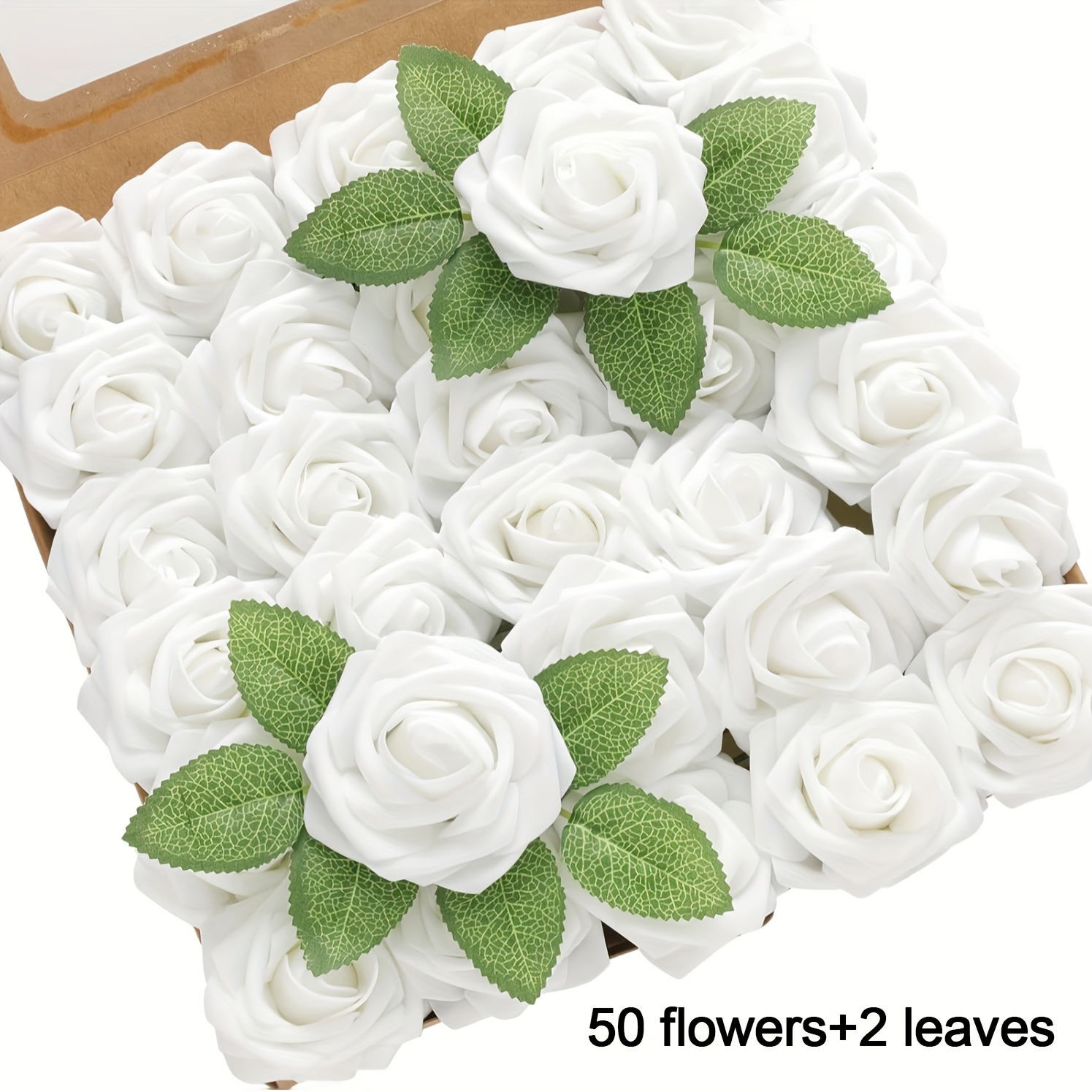 52pcs Artificial Flowers, 50 Flowers, 2 Leaves, Realistic Foam False Roses Wedding Bouquet Gift Center Decorations, Party Table Decorations