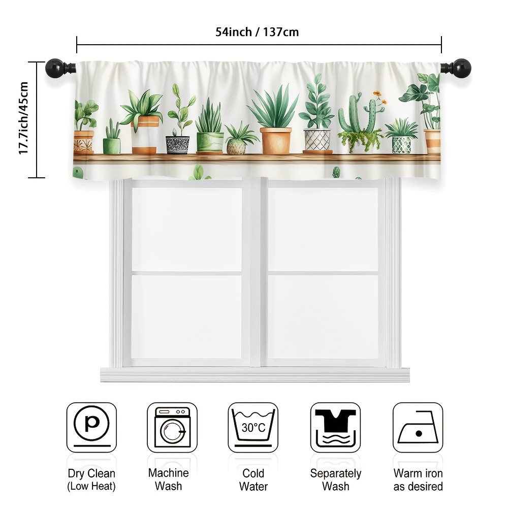 TEMU 1pc Plant Wall Print Short Valance - Rod Pocket Semi-translucent Polyester Curtain For Kitchen, Bathroom, Living Room - Machine Washable Decor,
