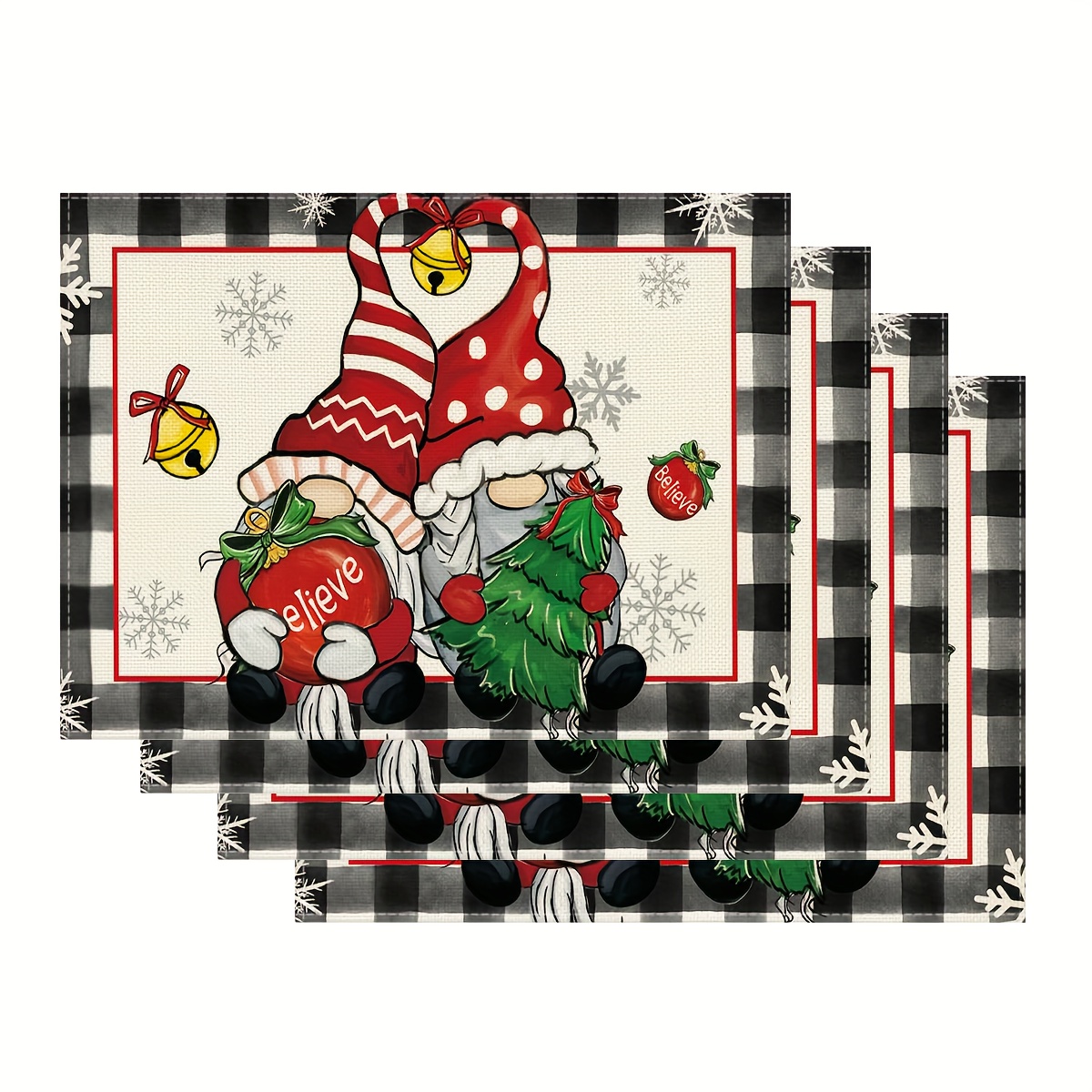 

4-pack Christmas Gnome & Snowflake Linen Place Mats, 12x18 Inches, Hand Wash Only, Woven Rectangle Table Mats For Home Kitchen, Holiday Party, Catering Decor