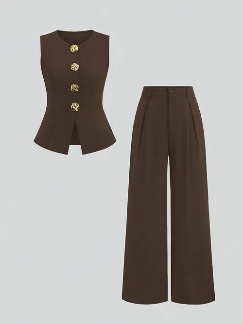 Ensemble Gilet Et Pantalon Large Femme - Ensemble Costume Coton Lin Élégant Sans Manches