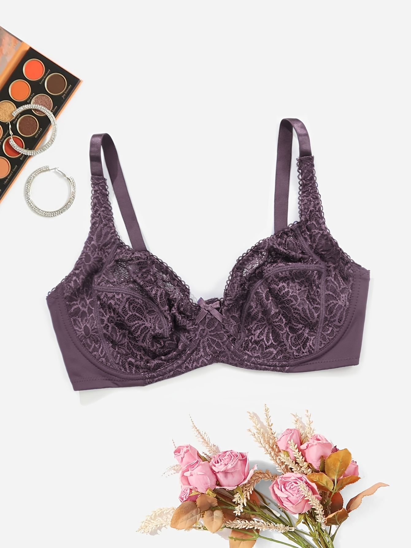 [Floral Lingerie] Elegant Plus-Size Women's White Lace Bra - Sexy Floral Cut-Out Design, Ultra-Thin Breathable Fabric with Underwire Support, Hand Washable