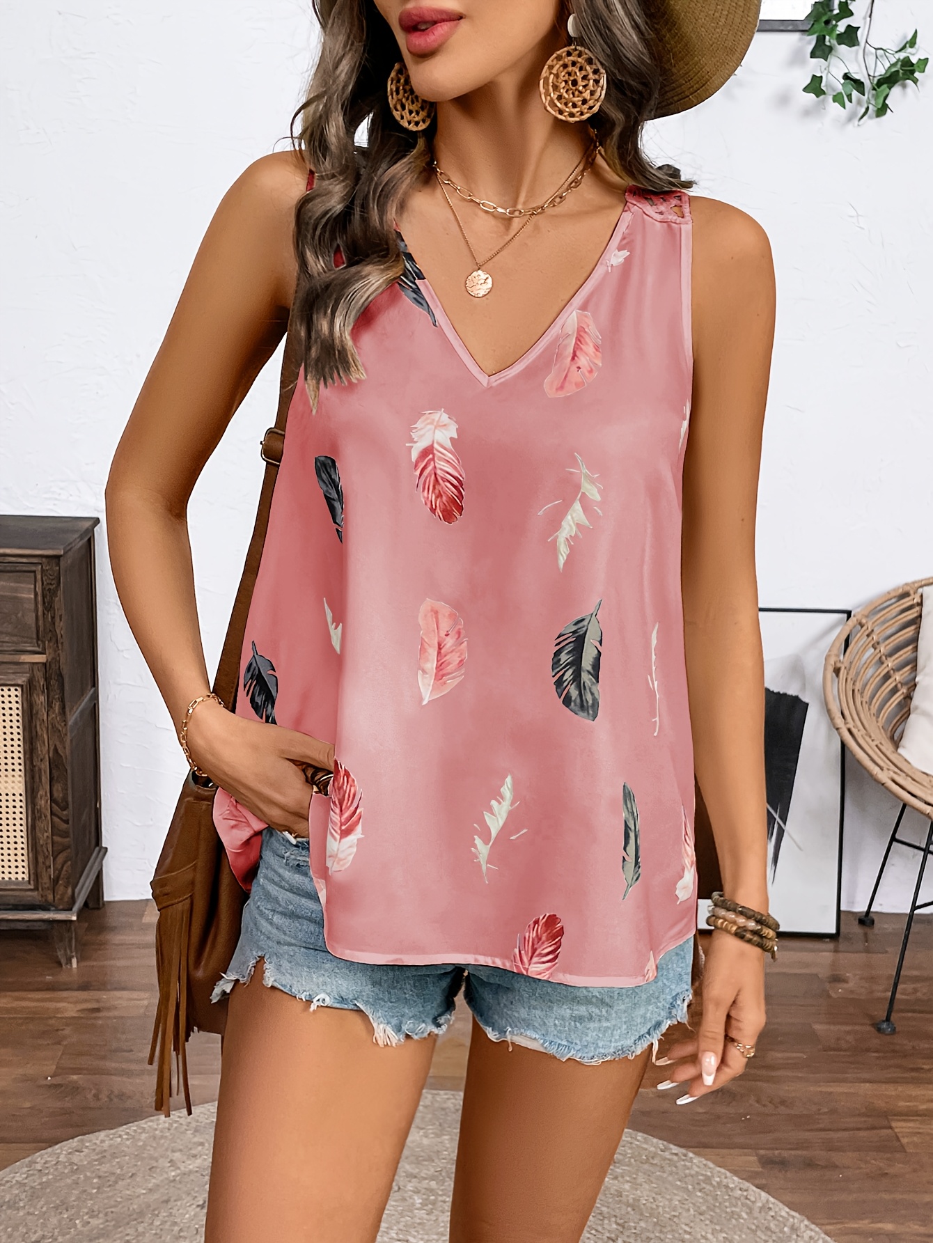 Elegant V-neck Sleeveless Vest, Woven Non-Stretch Fabric, Pattern, with Contrasting Lace Details, for Women, with Voluminous Floral and Ruffles