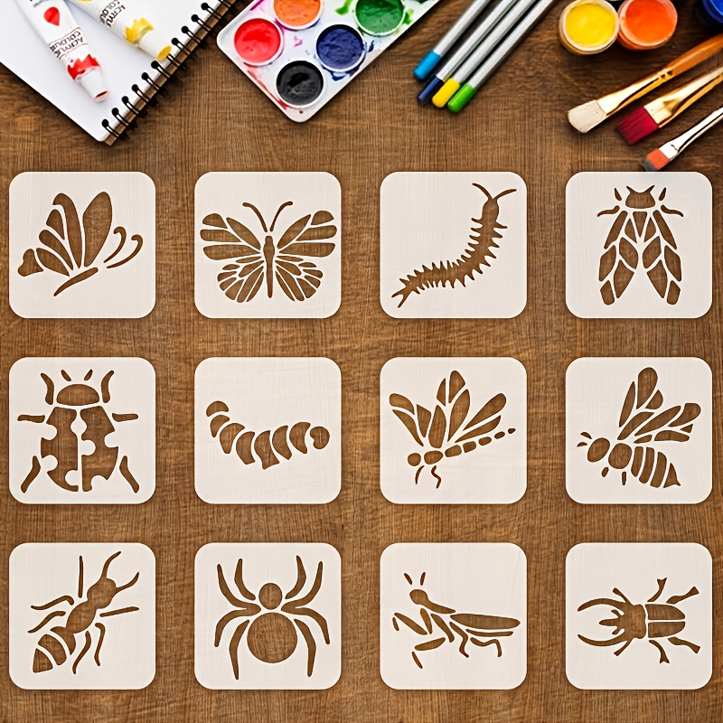 TEMU 12pcs Insect Art Stencil Set - Reusable 7.49cm Templates, Suitable For Walls, Fabric, Rocks, , Signs - Diy Craft Cutouts, Includes , Dragonfly,