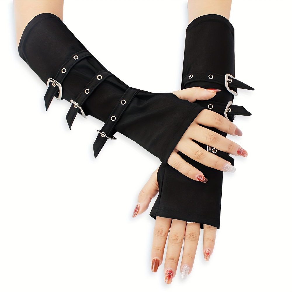 

1 Pair Women's Punk Style Arm Shapers, Fashionable Black Finger-connected Wristband Gloves With Reflective Crystal Points