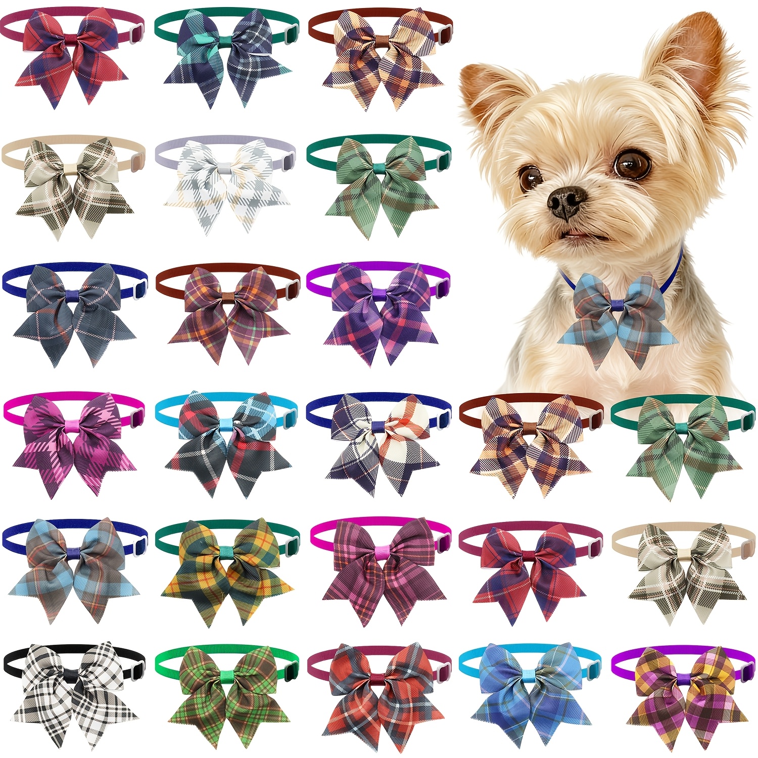 TEMU 20 pezzi Fiocchi tartan per toelettatura cani, fiocchi tartan per e cuccioli, regolabili per cani