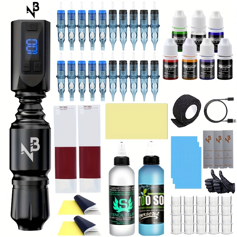 1 set professional wireless tattoo set tattoo cartridge needle colored ink ink cup tattoo pen machine set   motor tattoo pen details 0