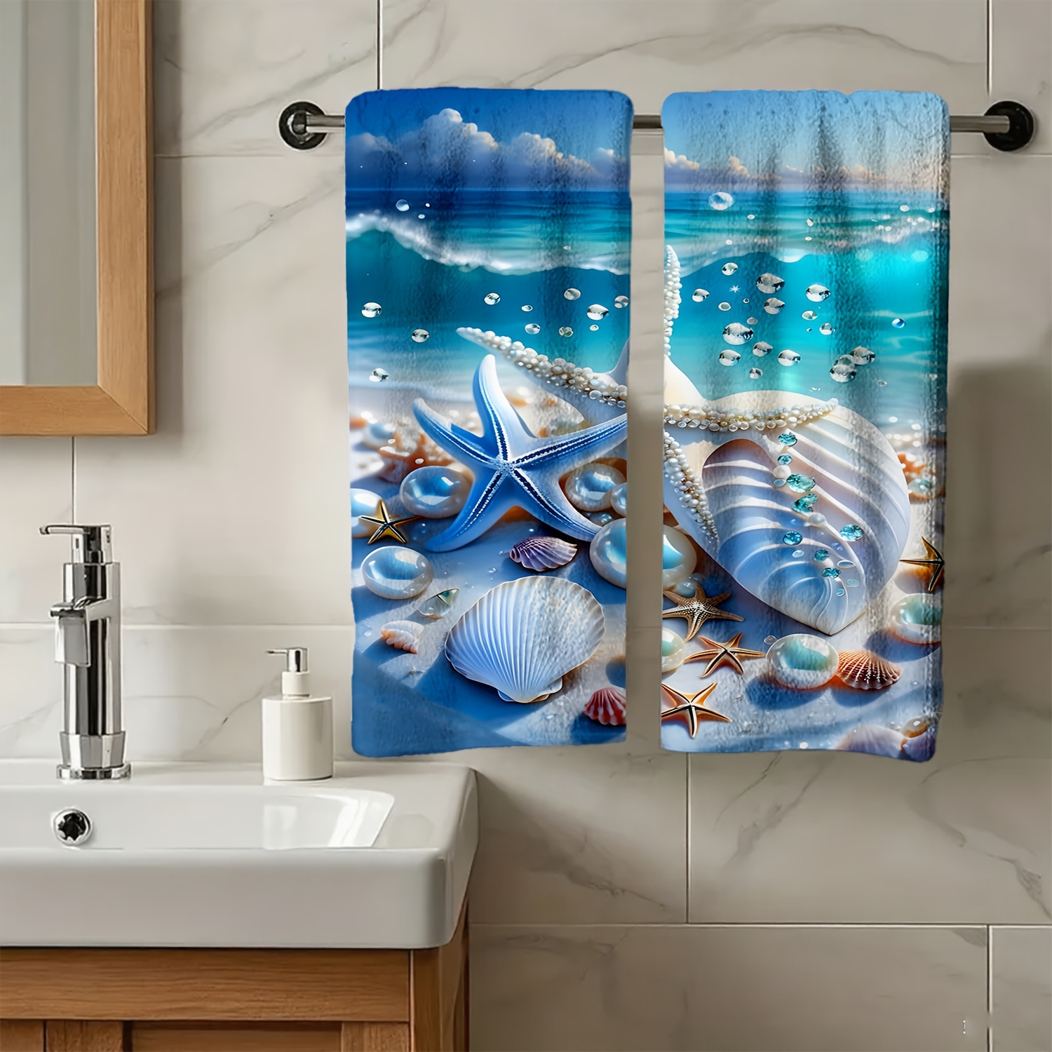 TEMU 1pc, 2pcs Hand Towel, Seaside Shell, Starfish, Pearl Soft Material, Absorbent Towel, Material, Minimalist Style, Suitable For Anniversaries,