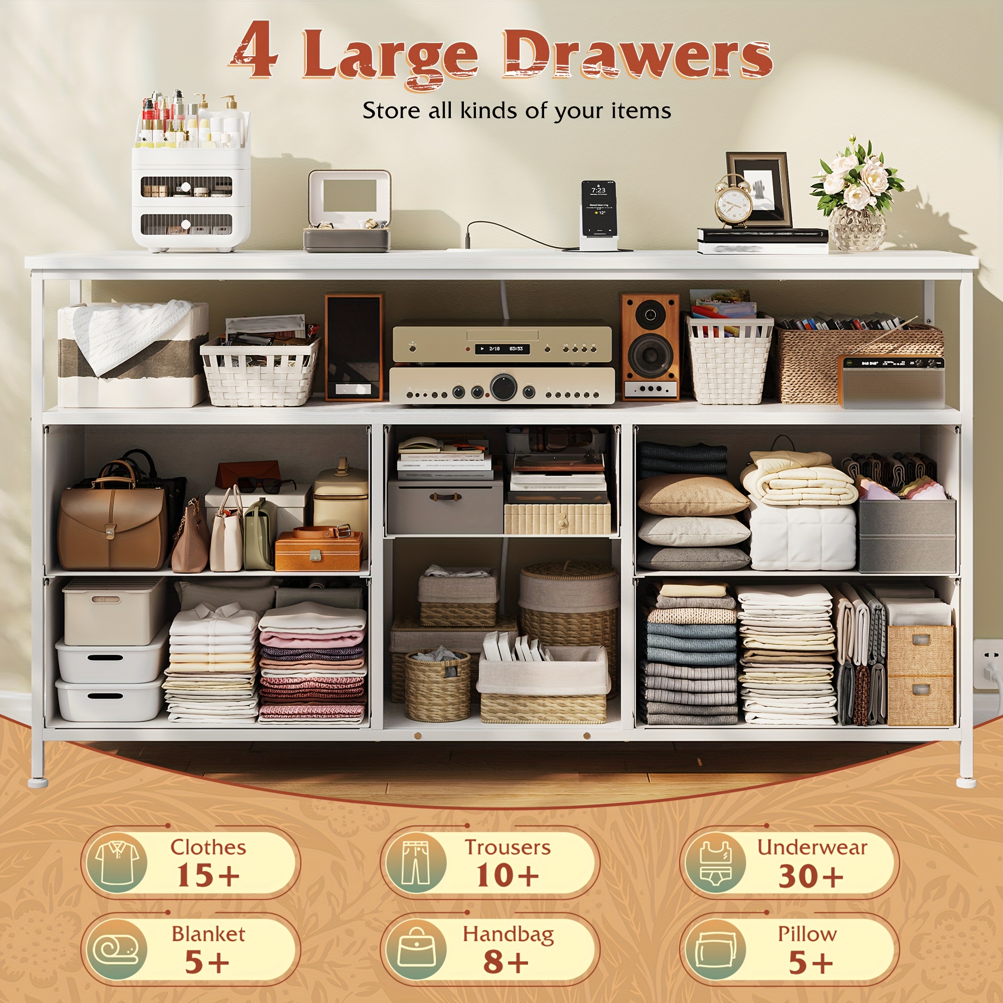 estante de   5 gavetas,   de entretenimento para tv de 50 polegadas, mesa de console de   com tomadas de energia e luzes led, armários de escritório, prateleira aberta,   detalhes 1