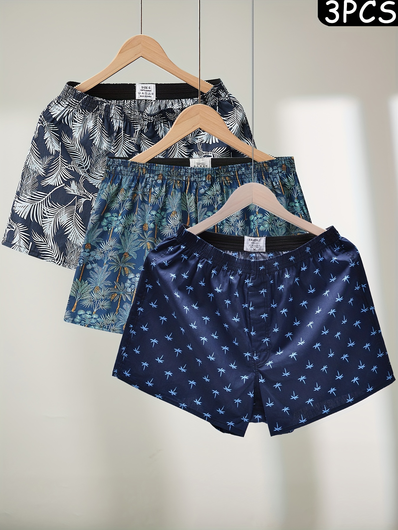 3 stuks heren katoenen shorts met botanische print - ademende losvallige lounge & kleding,   voor alle seizoenen thuis of buiten, casual  , slaapshorts,  abele pasvorm 0