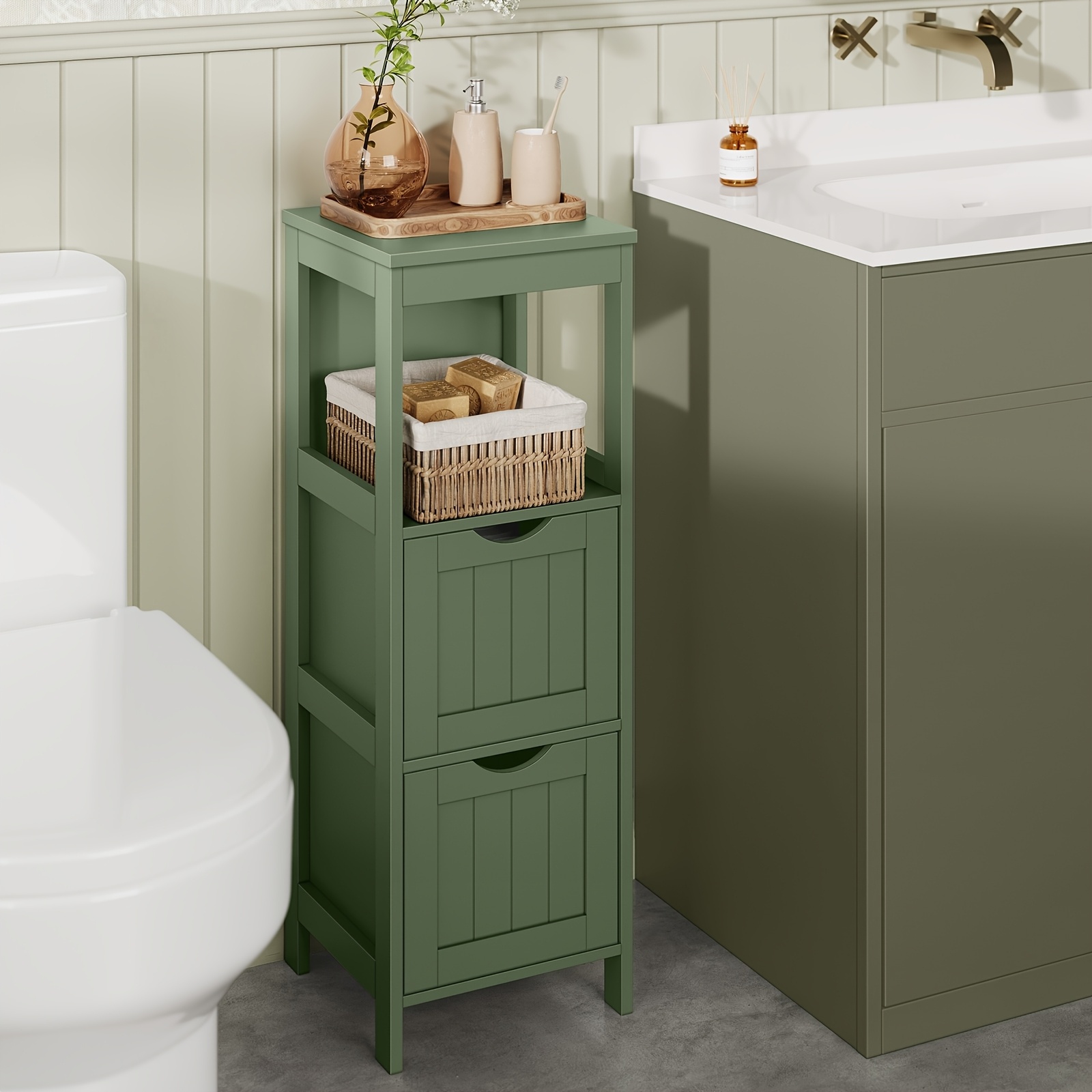 TEMU Meuble de sol de salle de bain, Rangement organisateur sur pied, Unité d'angle multifonctionnelle, 2 tiroirs, 89 cm de hauteur, Vert forêt