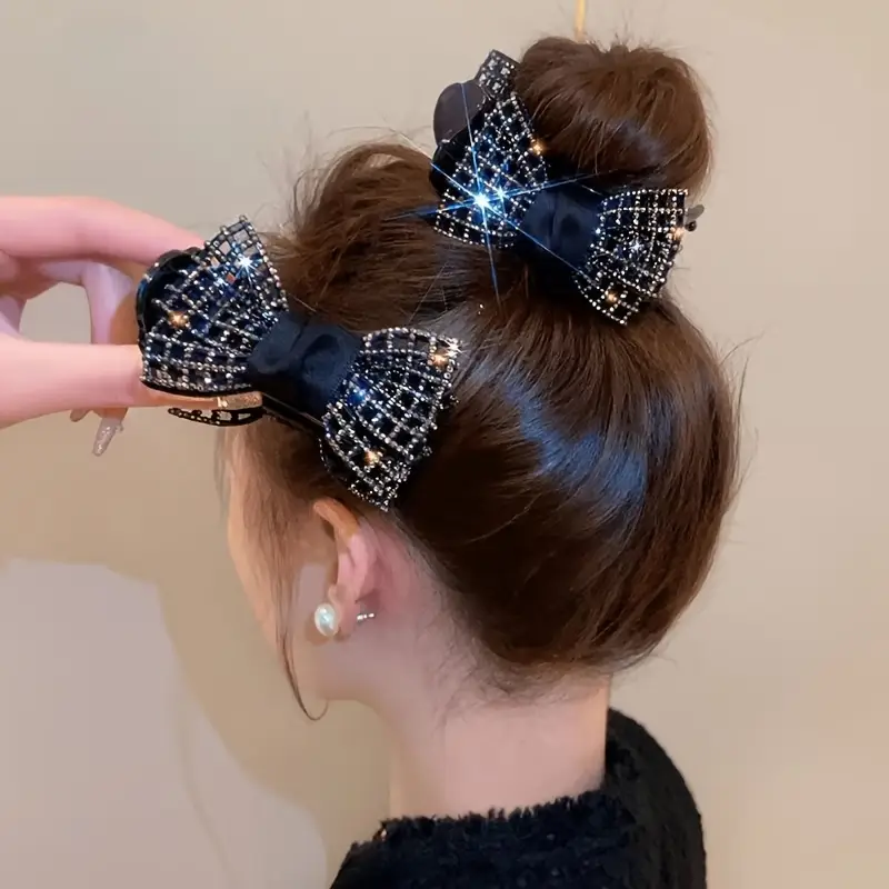 elegant black bow hair claw clip for women sparkling design acrylic ponytail holder cute valentines day everyday accessor Product details 0