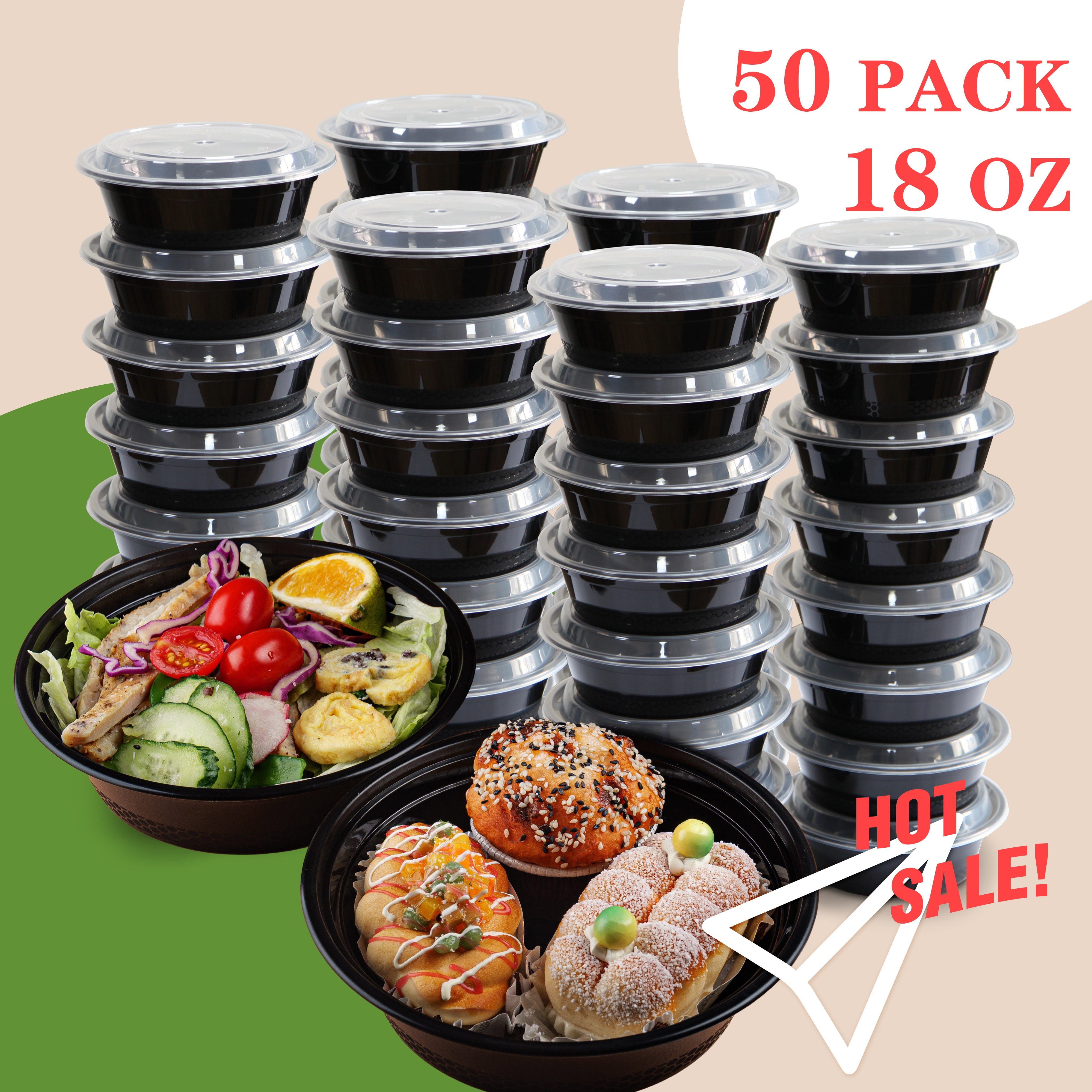 

50pcs 18oz. Black Round Food Storage Containers With - Leak-proof, Bpa-free, Microwave/dishwasher/freezer Safe, Stackable Meal Prep Boxes For And Bento