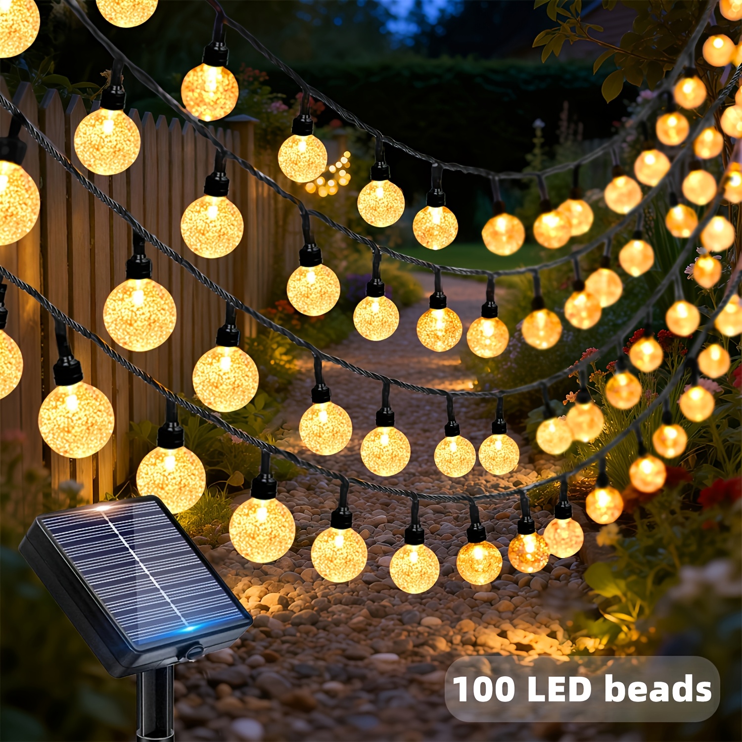 E-shop Außengarten-Dekolicht, solarbetrieben, 100/50/20 LED-Blasenkugel-Perlen, 12 Beleuchtungsmodi, geeignet für Innenhöfe, Gärten, Camping, Zäune,