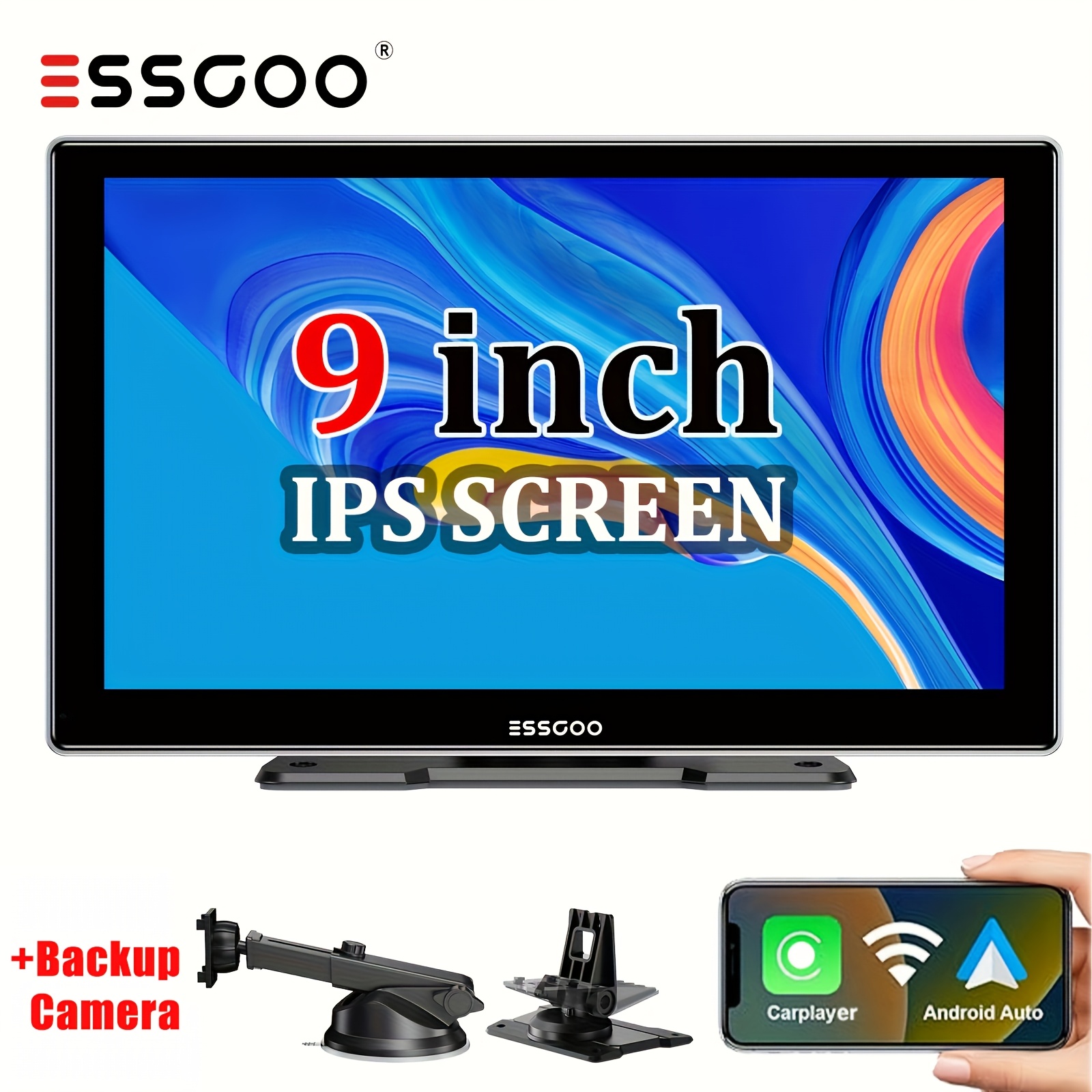TEMU ESSGOO Autoradio Portable : Écran HD IPS 9", CarPlay & Auto Fil | Haut-Parleur Intégré pour un Qualité | Unité Principale Plug-and-Play avec &