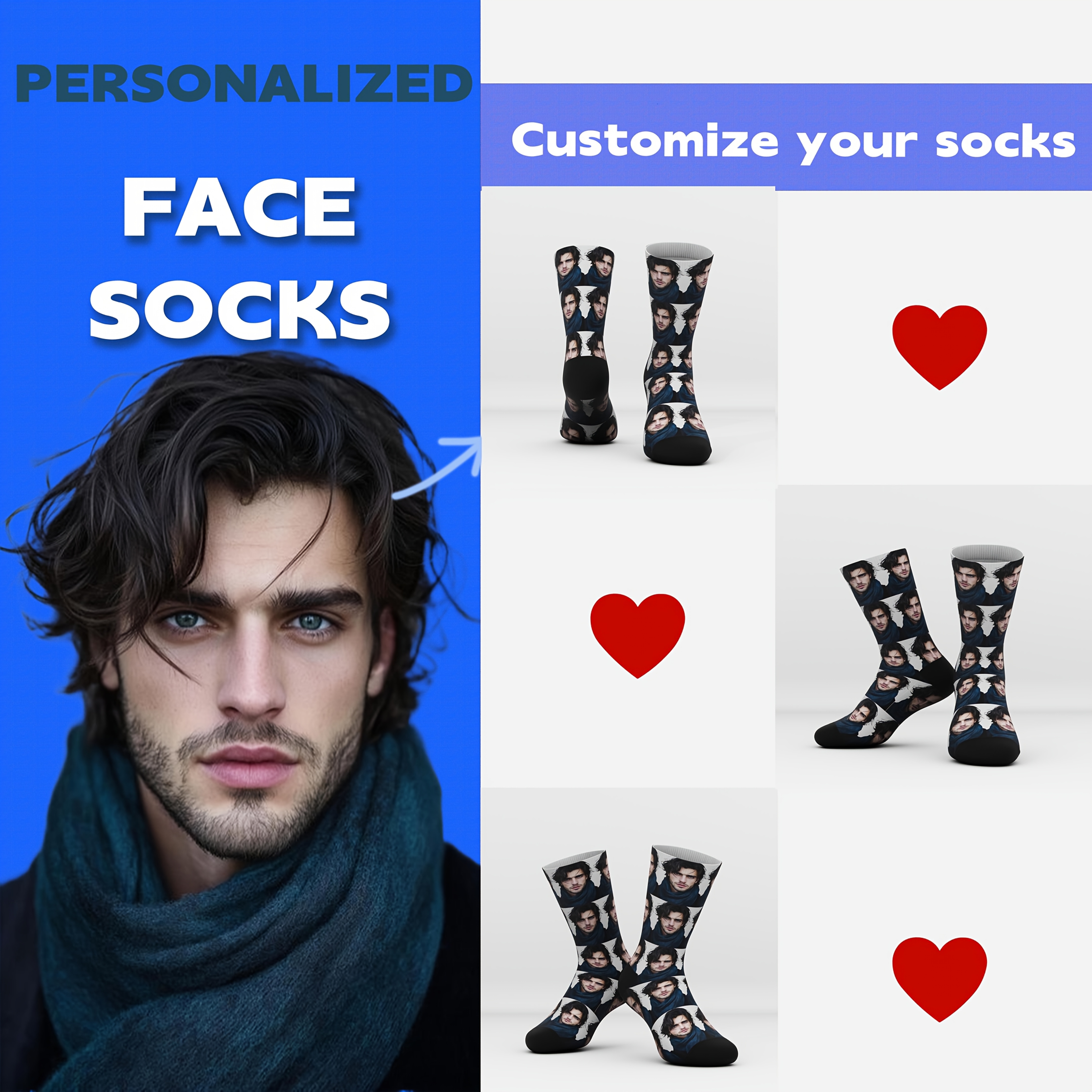 

1 Pair Custom Photo Men's Crew Socks - Personalized Mid-calf For Him Or Her, Ideal For Valentine's Day & Birthday Gifts, Soft Polyester Blend, Fits Most, Socks|custom Photo Socks| Knitted Socks