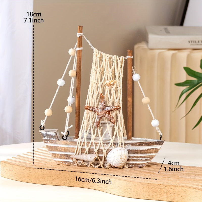 Image of 1pc Vintage Wooden Striped Sailboat Decor, Mediterranean Craft With Starfish, & Moor Accents – Perfect Gift For , Home Or Bookshelf Decoration