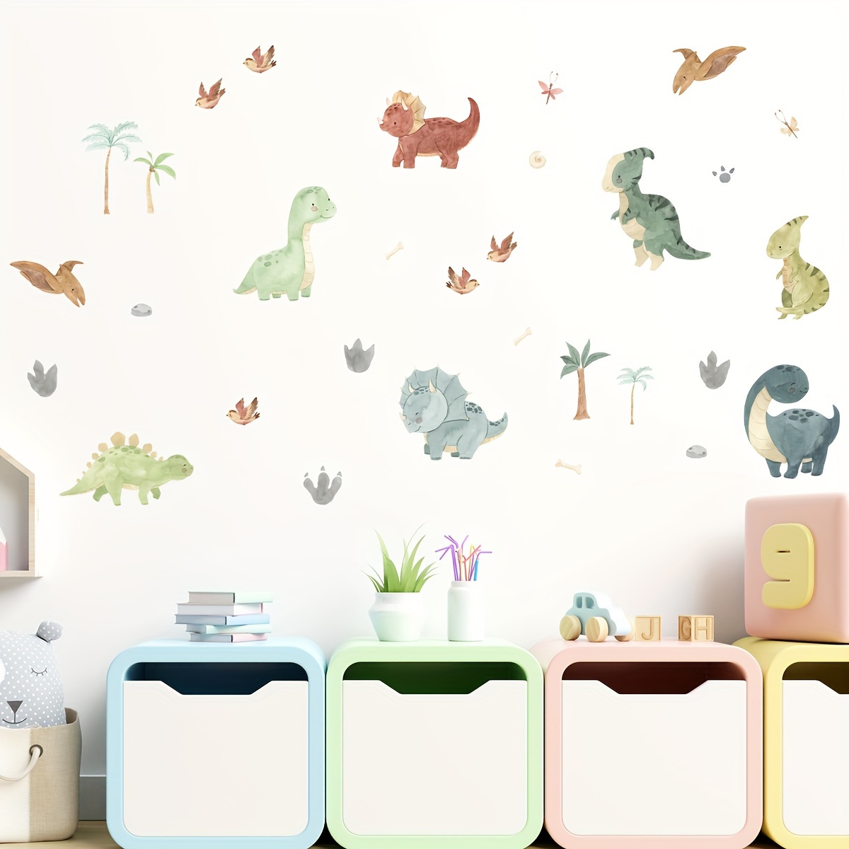 

Watercolor Dinosaur & Tree Wall Decal - Removable Pvc Sticker For Bedroom, Living Room, And Hallway Decor