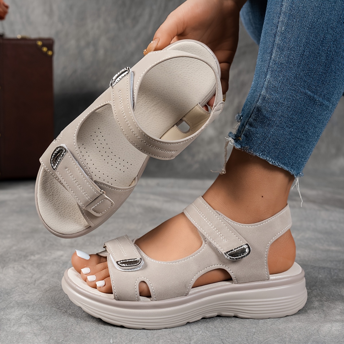 womens summer casual black sandals breathable pu cover open toe platform heel adjustable ankle strap with hook loop closure comfortable wedge heel stylish beach footwear for   strappy sandals Product details 1