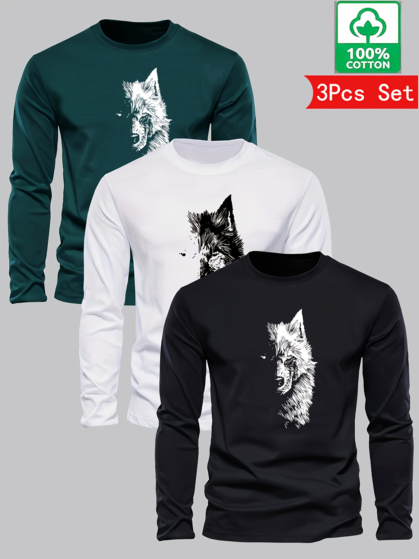 A set of 3 long-sleeve T-shirts for men, made of 100% cotton, suitable for spring and autumn. The shirts feature wolf head graphic prints and   burgundy, green, and dark blue colors. The cotton fabric ensures  .