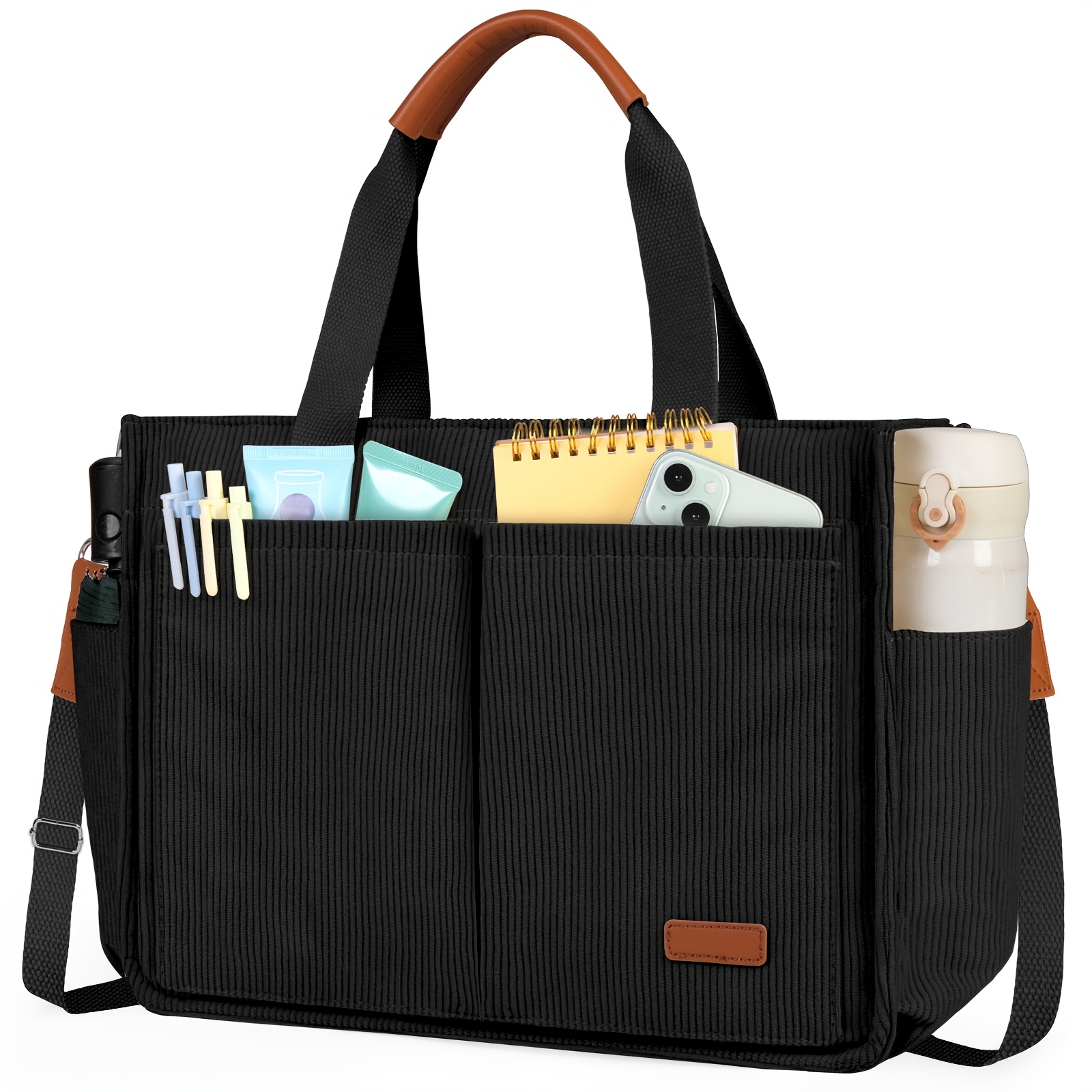 Image of Lubardy Tote Bags For Women Large Capacity Corduroy Tote Purse Lightweight Shoulder Bag With Zipper Pockets Stylish Crossbody Bag Handbags For Teacher Nurse Work Travel Casual, Black