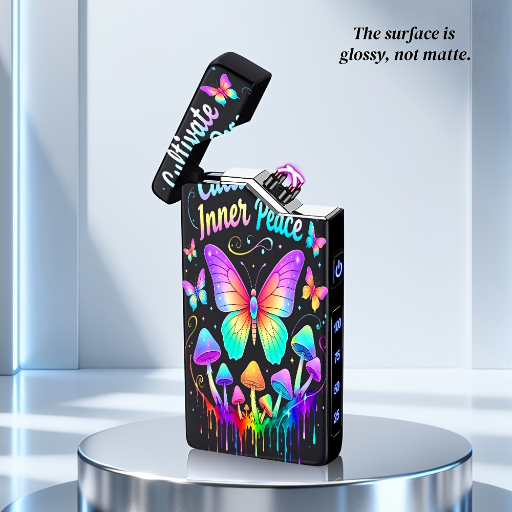 TEMU 1pc Cultivating Pattern Print Metal Material Electronic Lighter No Windproof Dual Arc, Usb-c Rechargeable With Power Display, Suitable For Daily