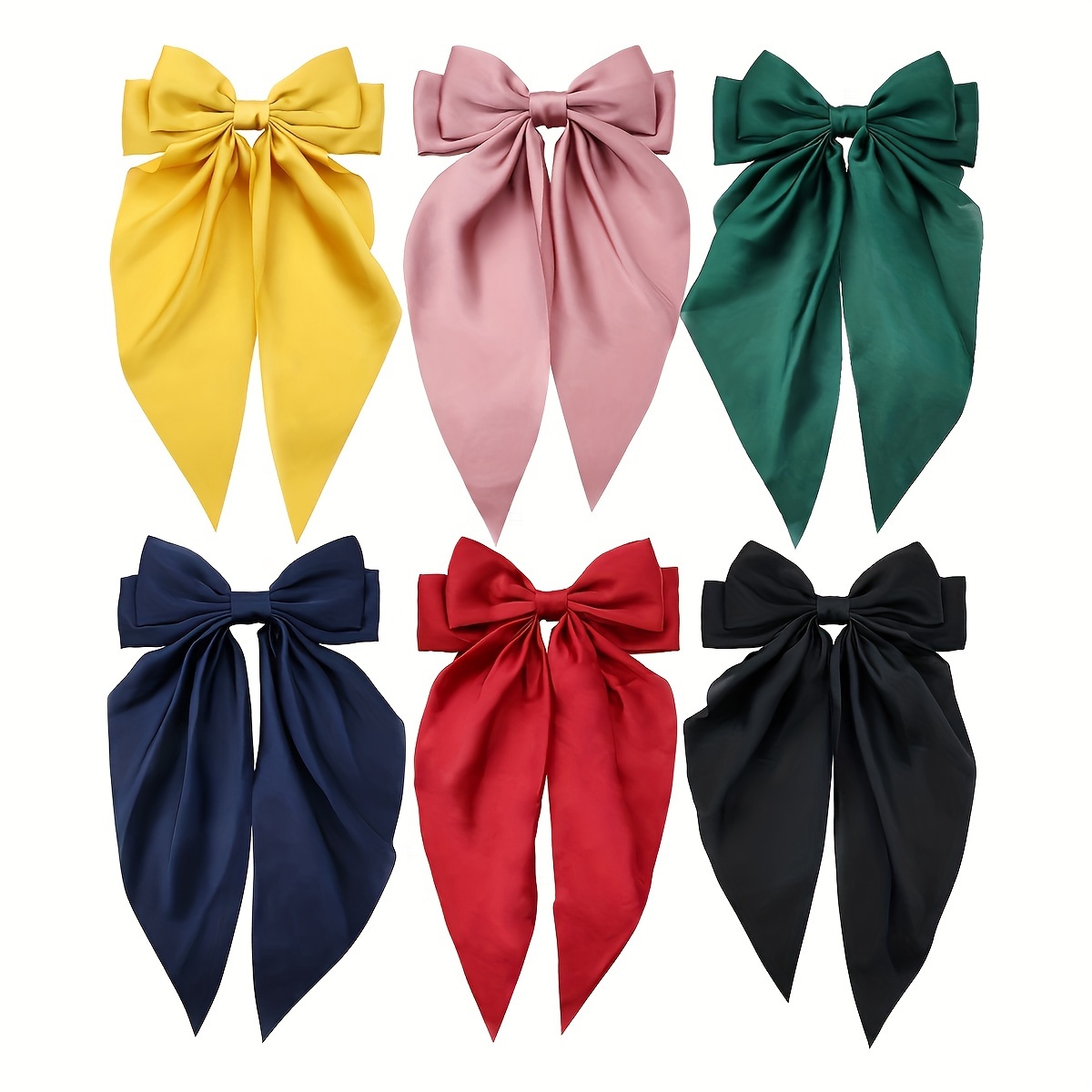

6 Sets Of Satin Bow Hair Clips, Retro Oversized Solid Color Long Style Ribbon, Back Spoon Spring Hair Clip For Women