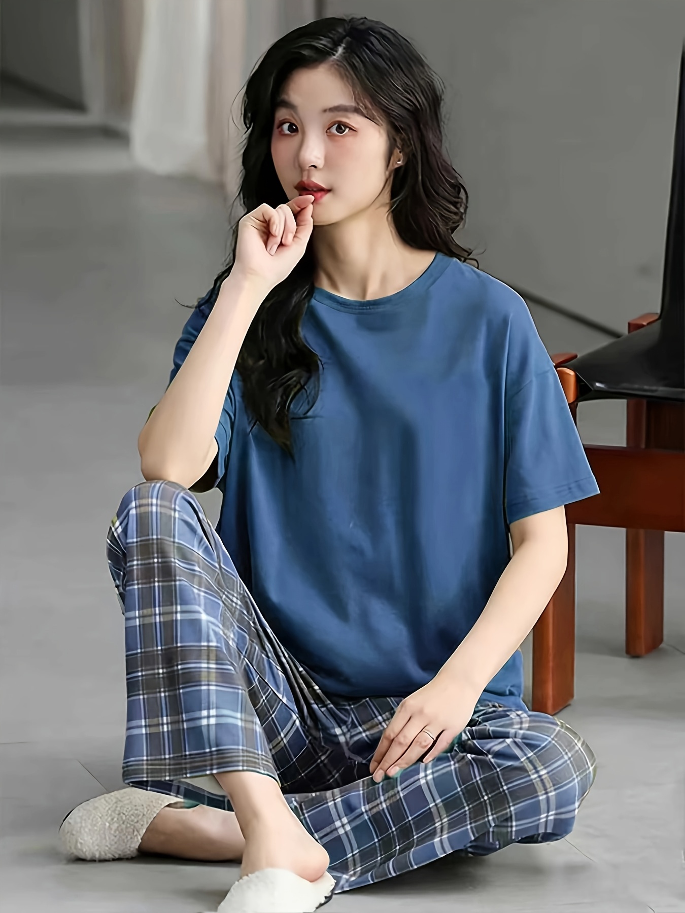 womens summer short sleeve long pants home pajama set