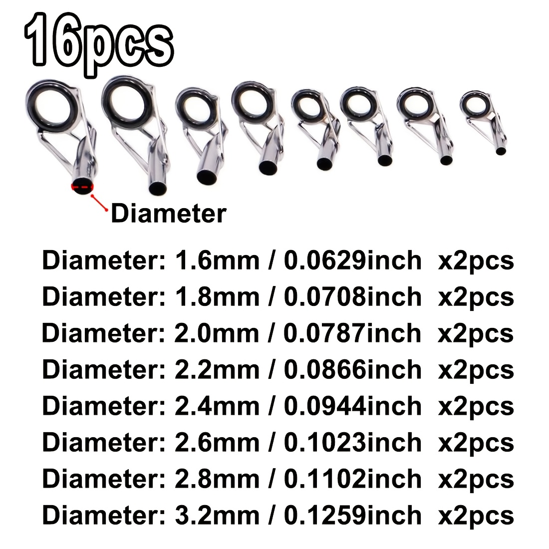 TEMU 16 piezas Guía de Caña de Pescar Acero Inoxidable Anillo de Reparación para Punta de Caña Cerámica Reemplazo y Tamaño 1.8mm-3.2mm