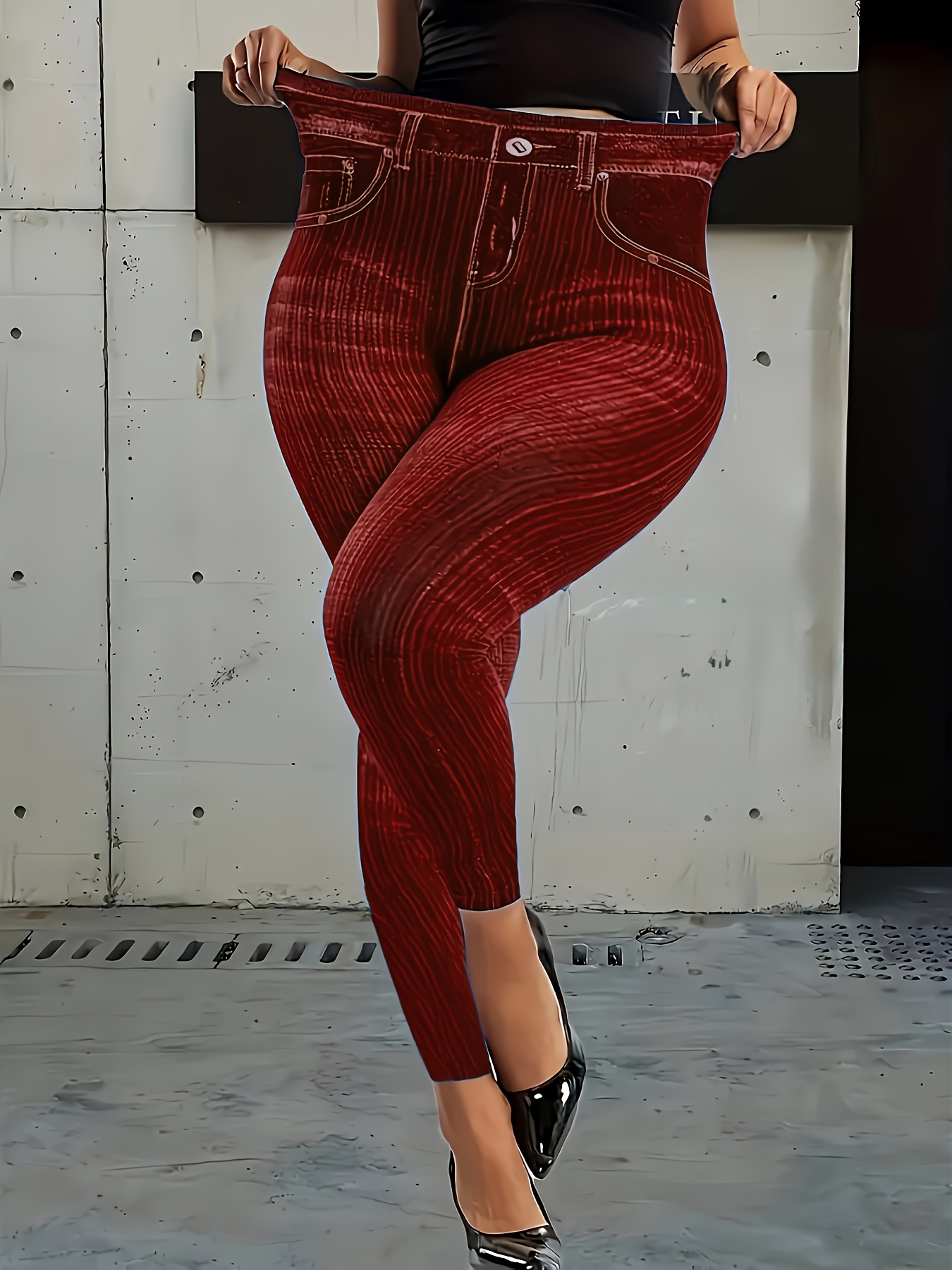 Women'S Plus Size Geometric-Pattern Skinny Pants, High Stretch Knit Fabric, Asymmetrical Detail, Polyester 95% Elastane 5%, All-Season Casual Base Layer Trousers, 180g/m?